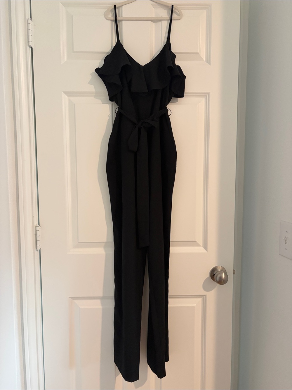 Black Ruffle V-Neck Jumpsuit with Tie Waist